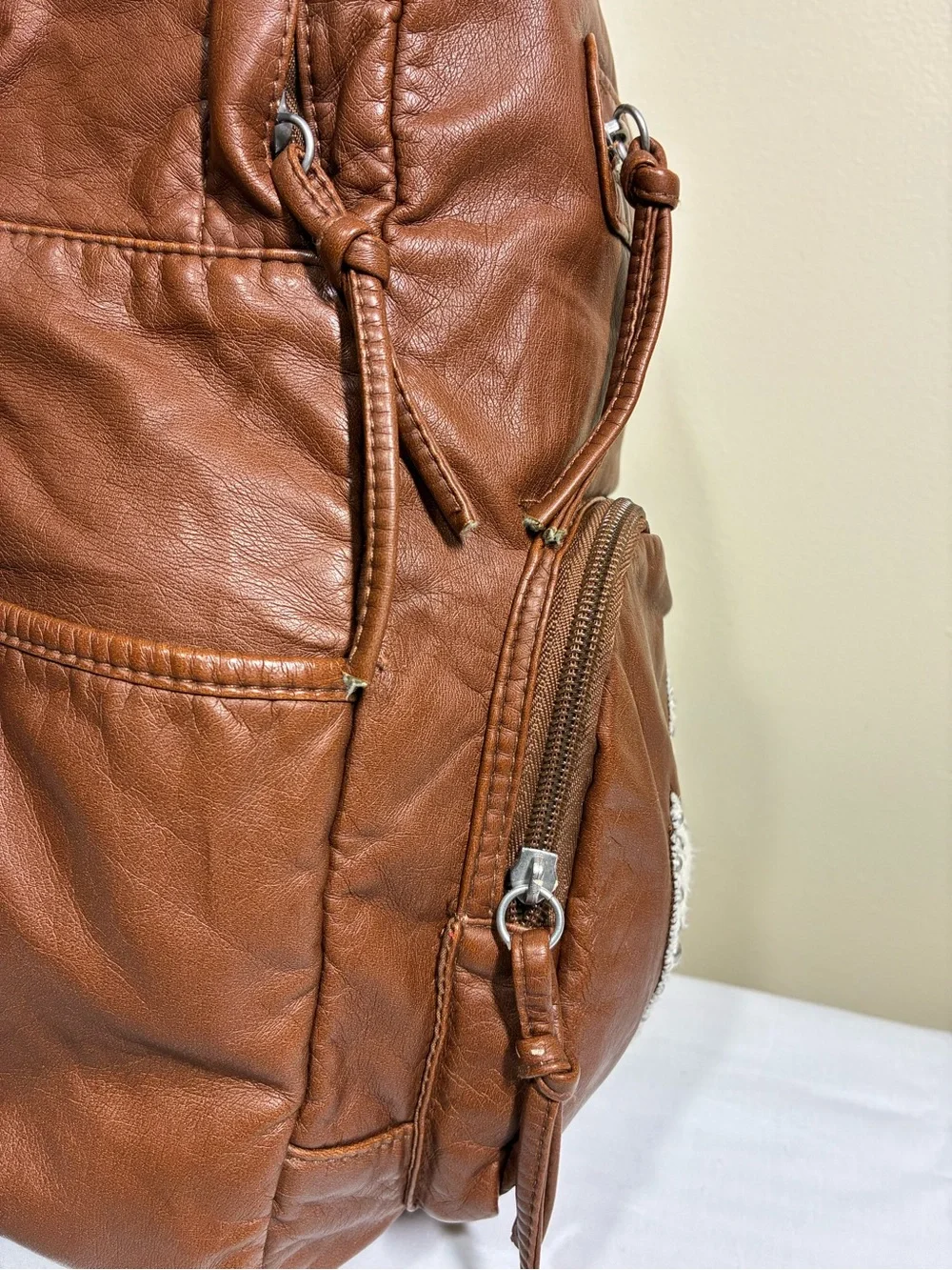 Vintage Y2K Mudd Brown Vegan Leather Fox Patch Backpack Bag Book Bag